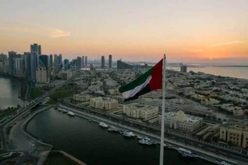 UAE flag with Dubai in the background